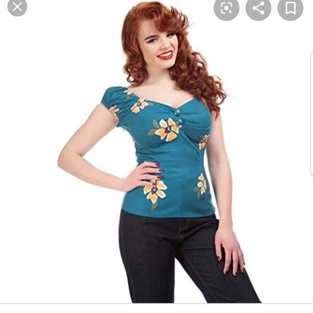 Collectif Dolores top blue w/ yellow flowers